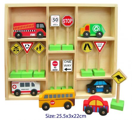Set of 6 Wooden Cars & 10 Australian Traffic Signs in Box