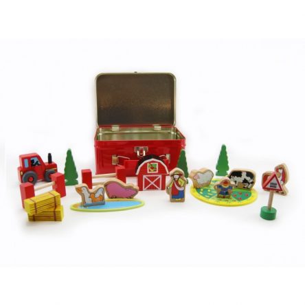 Wooden Farm Play Set w/ Tractor & Animals in TIN Case