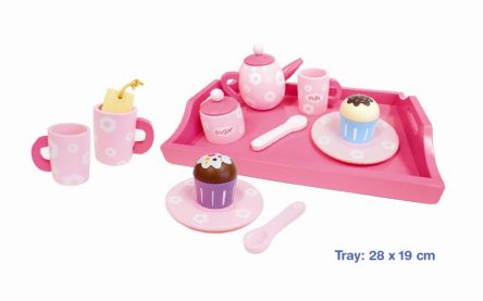 Fun Factory Wooden Pink Tea Set with Tray and Cupcakes 17 Pc